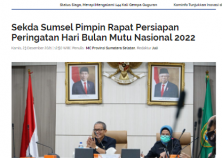 Sekda Sumsel Pimpin Rapat Persiapan Peringatan Hari Bulan Mutu Nasional 2022